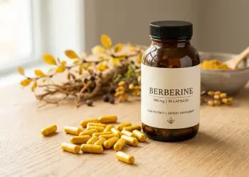 Flacon cu supliment de berberină și capsule galbene