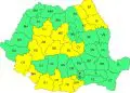 Hartă a județelor României colorate verde și galben
