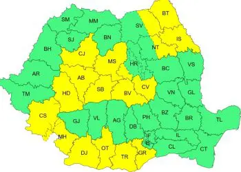 Hartă a județelor României colorate verde și galben