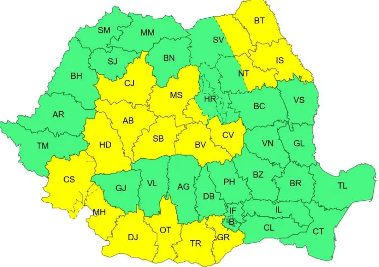 Hartă a județelor României colorate verde și galben