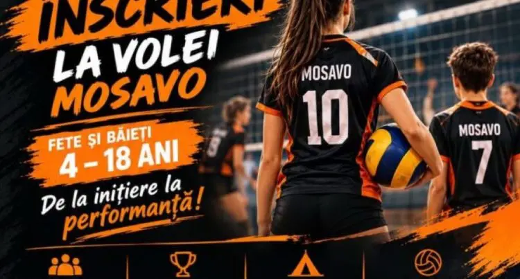 Afiș înscrieri volei MOSAVO pentru copii 4-18 ani