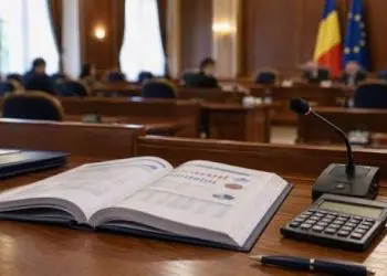 Documente și microfon în sala Parlamentului României