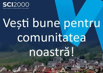Afiș SCI2000 cu mesaj despre comunitate și sat montan