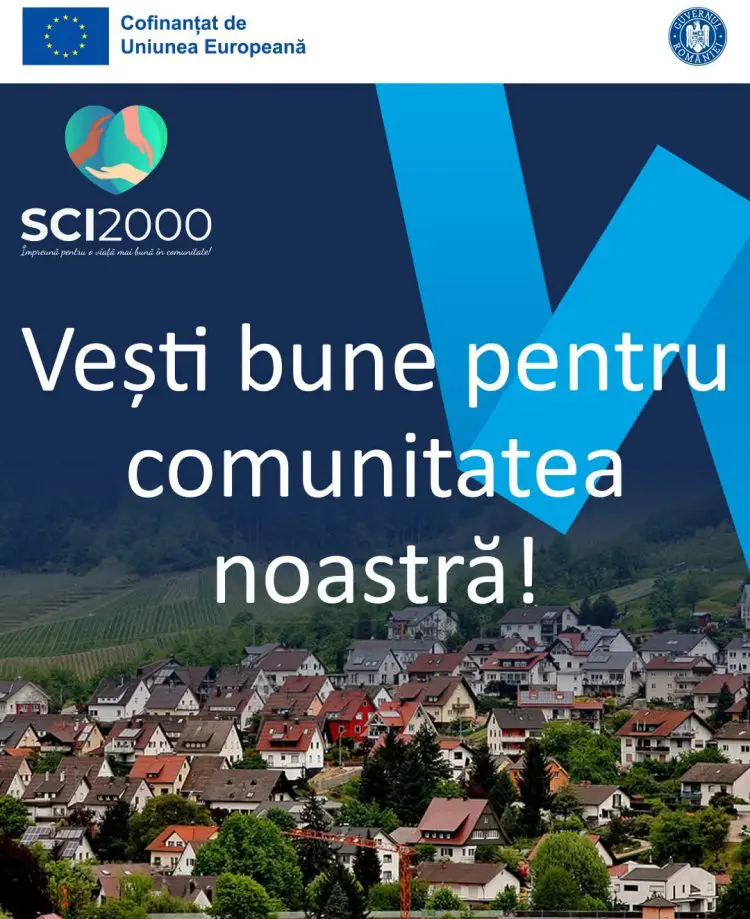 Afiș SCI2000 cu mesaj despre comunitate și sat montan